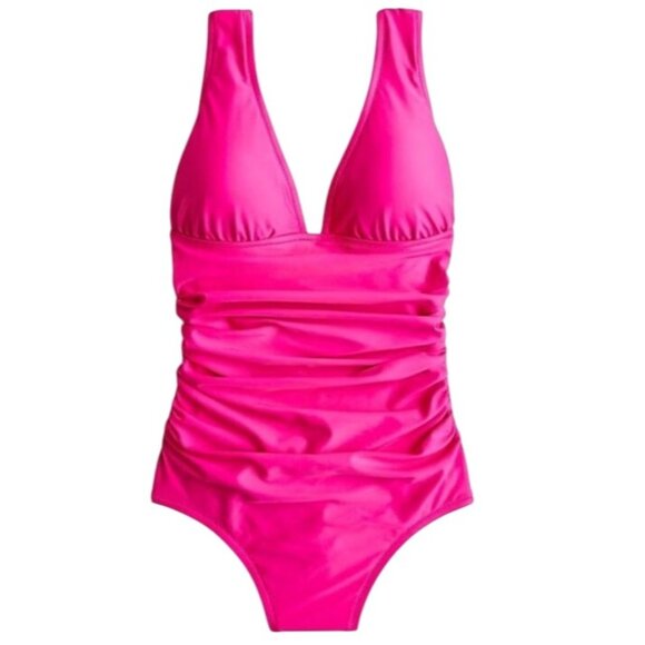 NEW‎ J. Crew Ruched V-neck One-Piece Swimsuit in Radiant Fuchsia/Bright Pink 20 - Picture 1 of 15